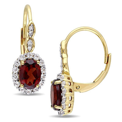 Oval Garnet, White Topaz and Diamond Accent Frame Drop Earrings in 14K Gold