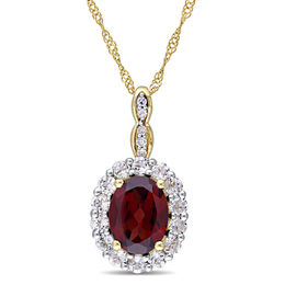 Oval Garnet, White Topaz and Diamond Accent Frame Pendant in 14K Gold – 17&quot;