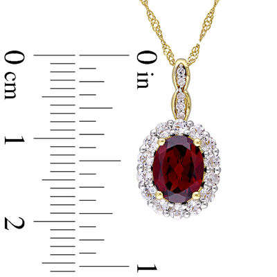 Oval Garnet, White Topaz and Diamond Accent Frame Pendant in 14K Gold – 17"