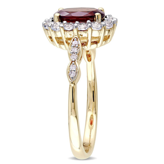 Oval Garnet, White Topaz and Diamond Accent Frame Ring in 14K Gold