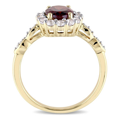 Oval Garnet, White Topaz and Diamond Accent Frame Ring in 14K Gold