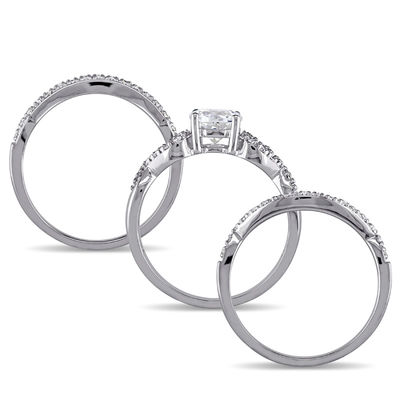 6.0mm Lab-Created White Sapphire and 0.21 CT. T.W. Diamond Loop Three Piece Bridal Set in 10K White Gold