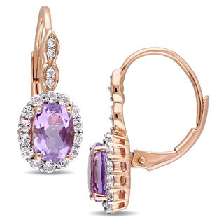 Oval Amethyst, White Topaz and Diamond Accent Frame Drop Earrings in 14K Rose Gold