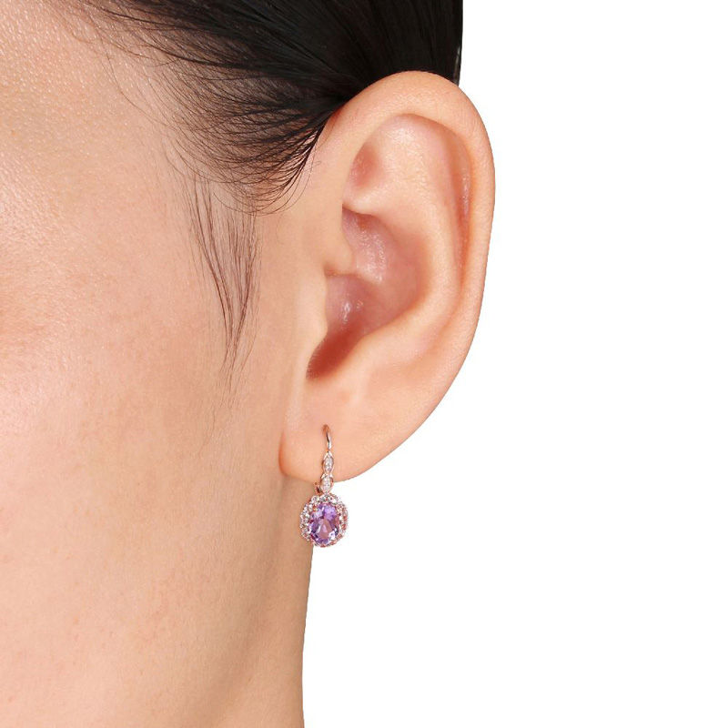 Oval Amethyst, White Topaz and Diamond Accent Frame Drop Earrings in 14K Rose Gold|Peoples Jewellers