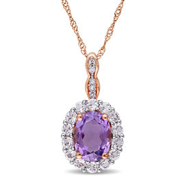 Oval Amethyst, White Topaz and Diamond Accent Frame Pendant in 14K Rose Gold – 17&quot;