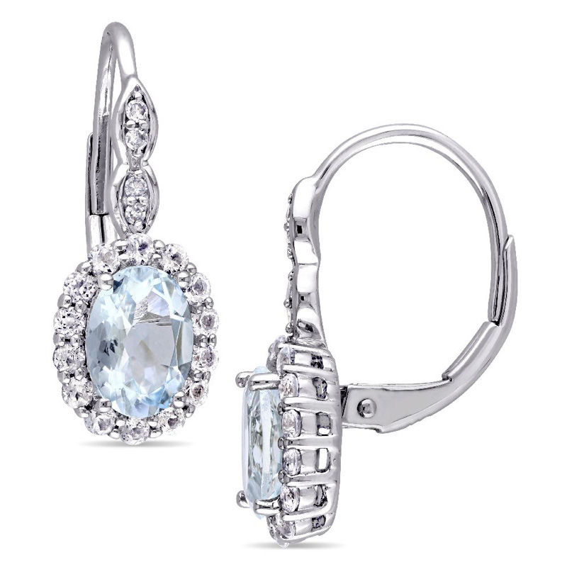 Oval Aquamarine, White Topaz and Diamond Accent Frame Drop Earrings in 14K White Gold|Peoples Jewellers