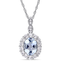 Oval Aquamarine, White Topaz and Diamond Accent Frame Pendant in 14K White Gold – 17&quot;