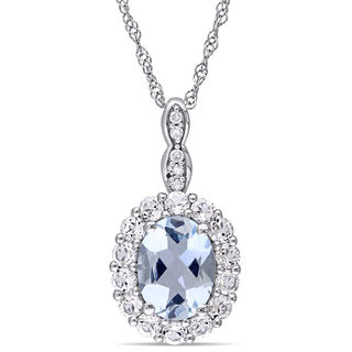 Oval Aquamarine, White Topaz and Diamond Accent Frame Pendant in 14K White Gold – 17"