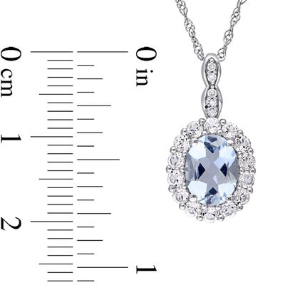 Oval Aquamarine, White Topaz and Diamond Accent Frame Pendant in 14K White Gold – 17"