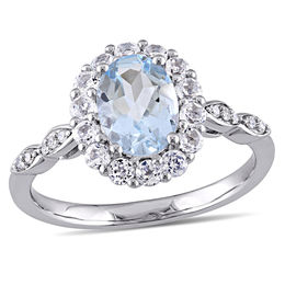 Oval Aquamarine, White Topaz and Diamond Accent Frame Ring in 14K White Gold