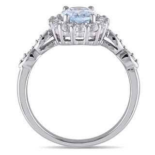 Oval Aquamarine, White Topaz and Diamond Accent Frame Ring in 14K White Gold