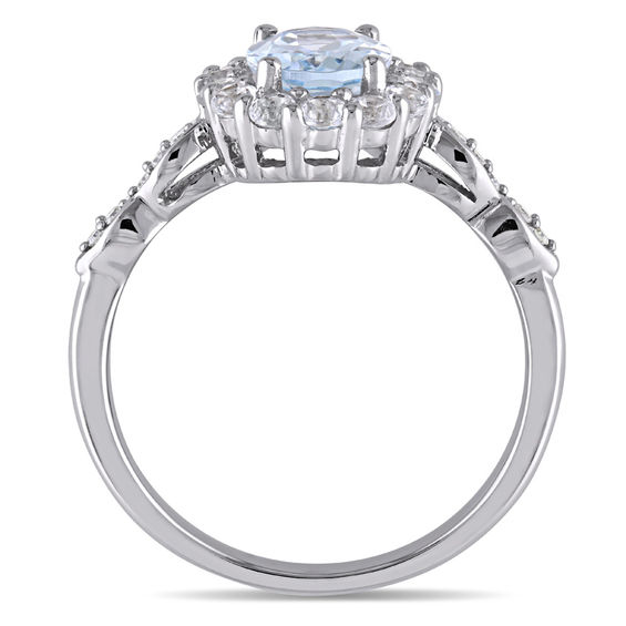 Oval Aquamarine, White Topaz and Diamond Accent Frame Ring in 14K White Gold