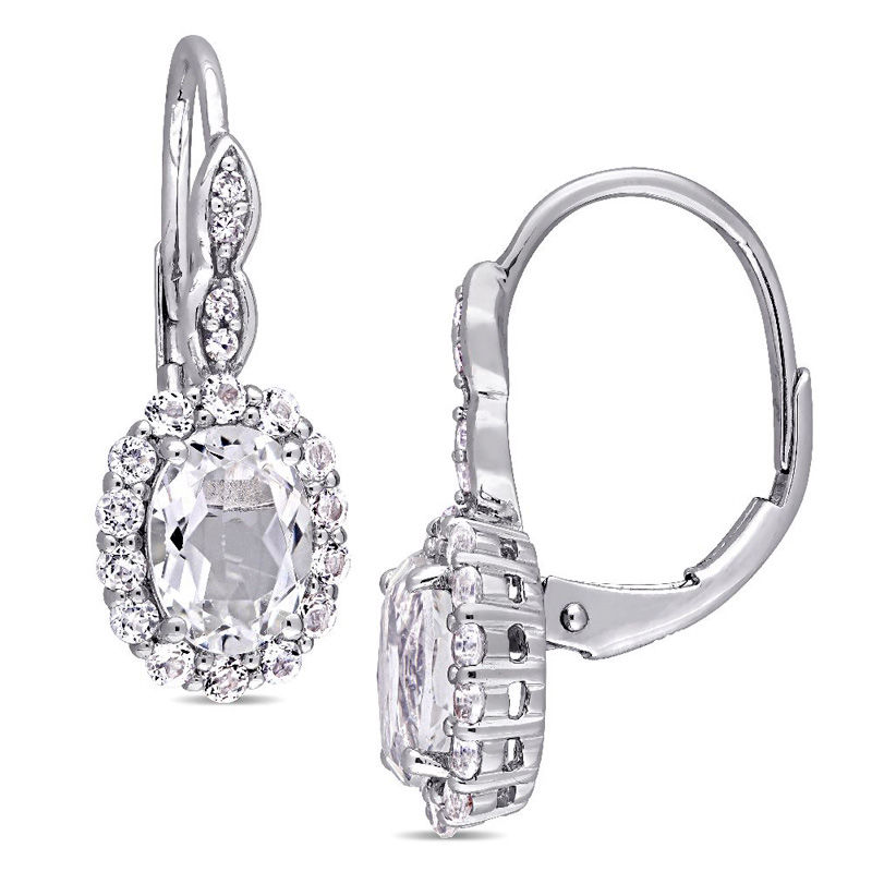Oval White Topaz and Diamond Accent Frame Drop Earrings in 14K White Gold|Peoples Jewellers