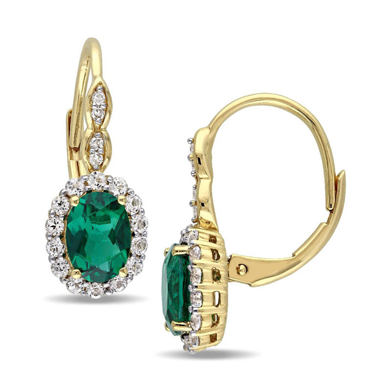 Oval Lab-Created Emerald, White Topaz and Diamond Accent Frame Drop Earrings in 14K Gold|Peoples Jewellers