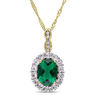 Oval Lab-Created Emerald, White Topaz and Diamond Accent Frame Pendant in 14K Gold – 17"