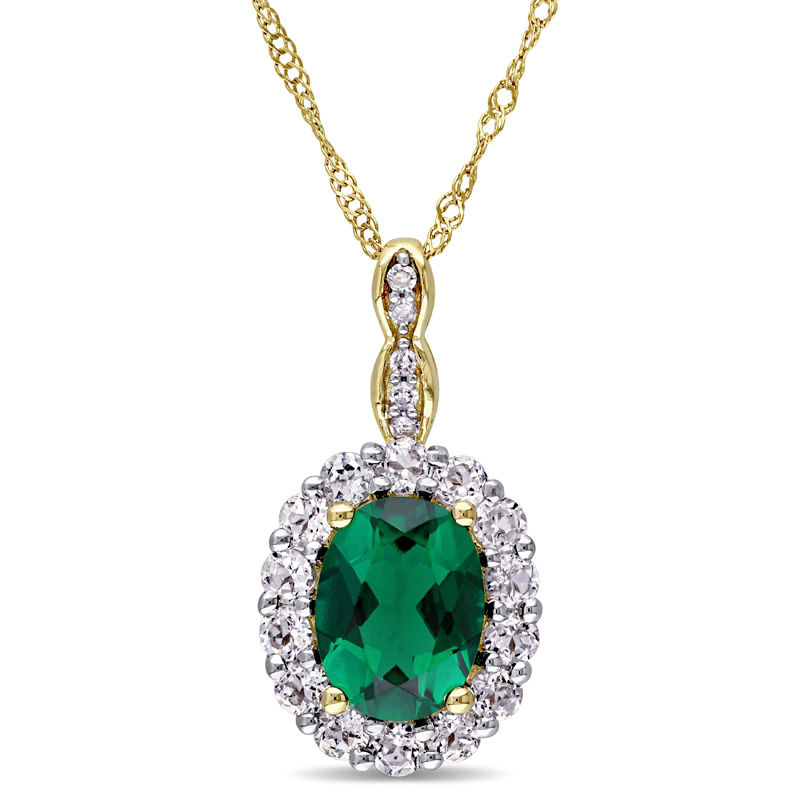 Oval Lab-Created Emerald, White Topaz and Diamond Accent Frame Pendant in 14K Gold – 17"|Peoples Jewellers