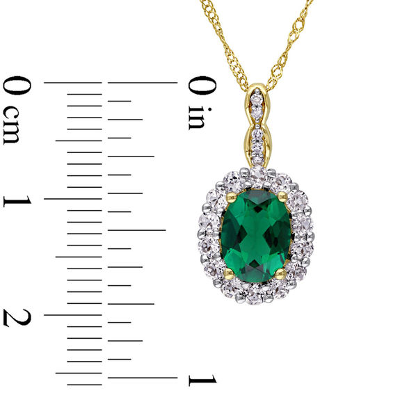 Oval Lab-Created Emerald, White Topaz and Diamond Accent Frame Pendant in 14K Gold – 17"