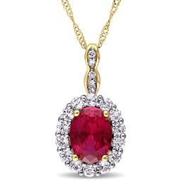 Oval Lab-Created Ruby, White Topaz and Diamond Accent Frame Pendant in 14K Gold – 17&quot;