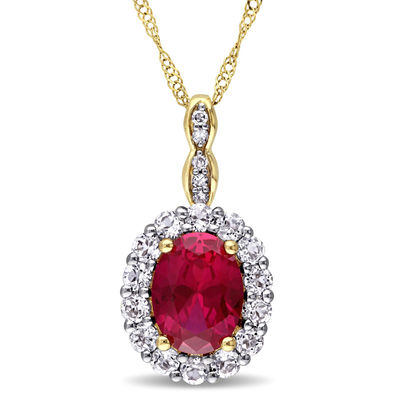 Oval Lab-Created Ruby, White Topaz and Diamond Accent Frame Pendant in 14K Gold – 17"