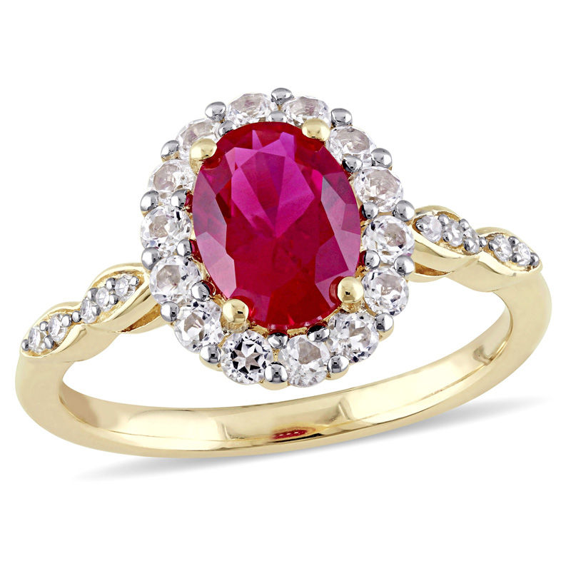 Oval Lab-Created Ruby, White Topaz and Diamond Accent Frame Ring in 14K Gold|Peoples Jewellers