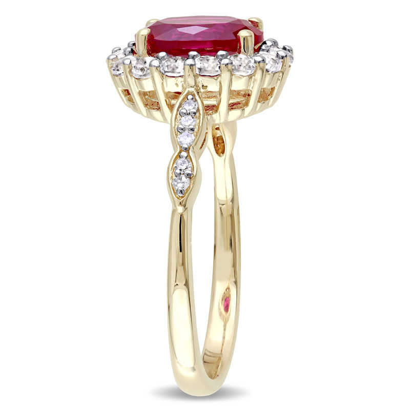 Oval Lab-Created Ruby, White Topaz and Diamond Accent Frame Ring in 14K Gold|Peoples Jewellers