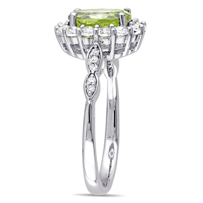 Oval Peridot, White Topaz and Diamond Accent Frame Ring in 14K White Gold