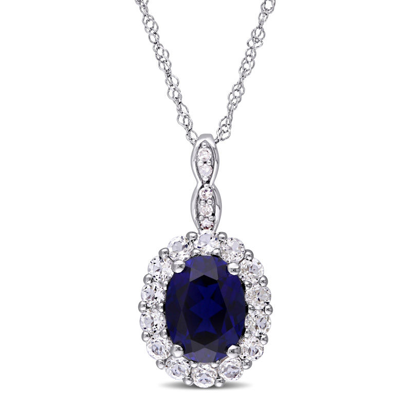 Oval Lab-Created Blue Sapphire, White Topaz and Diamond Accent Frame Pendant in 14K White Gold – 17"