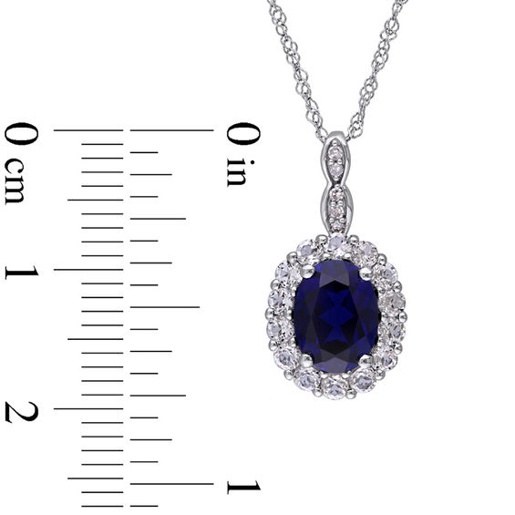 Oval Lab-Created Blue Sapphire, White Topaz and Diamond Accent Frame Pendant in 14K White Gold – 17"