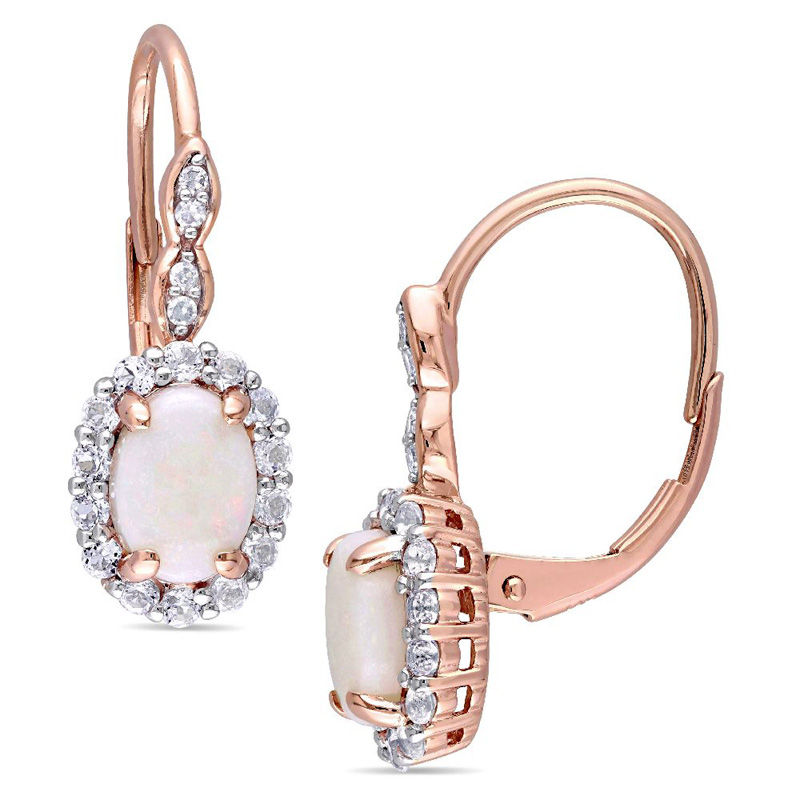 Oval Opal, White Topaz and Diamond Accent Frame Drop Earrings in 14K Rose Gold|Peoples Jewellers