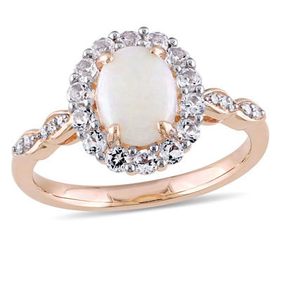 Oval Opal, White Topaz and Diamond Accent Frame Ring in 14K Rose Gold