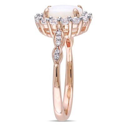 Oval Opal, White Topaz and Diamond Accent Frame Ring in 14K Rose Gold