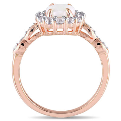 Oval Opal, White Topaz and Diamond Accent Frame Ring in 14K Rose Gold