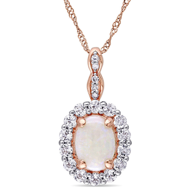 Oval Opal, White Topaz and Diamond Accent Frame Pendant in 14K Rose Gold – 17"|Peoples Jewellers