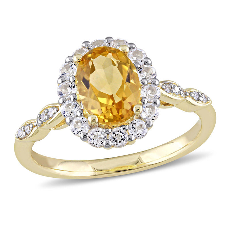 Oval Citrine, White Topaz and Diamond Accent Frame Ring in 14K Gold|Peoples Jewellers