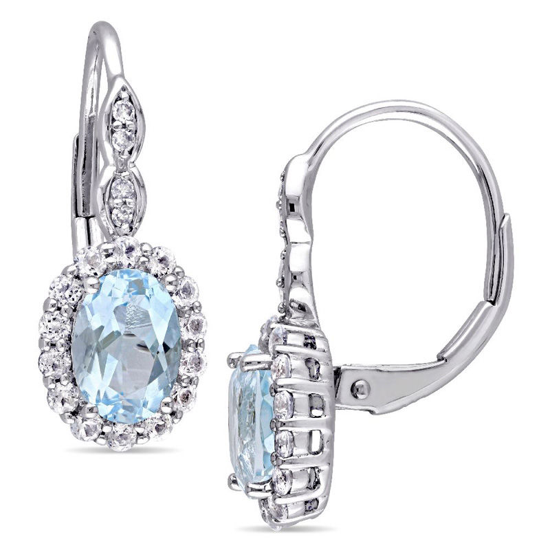 Oval Sky Blue and White Topaz and Diamond Accent Frame Drop Earrings in 14K White Gold