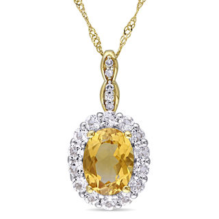 Oval Citrine, White Topaz and Diamond Accent Frame Pendant in 14K Gold – 17"