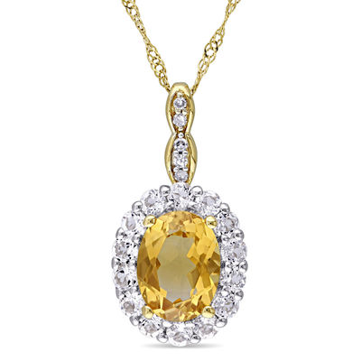 Oval Citrine, White Topaz and Diamond Accent Frame Pendant in 14K Gold – 17"