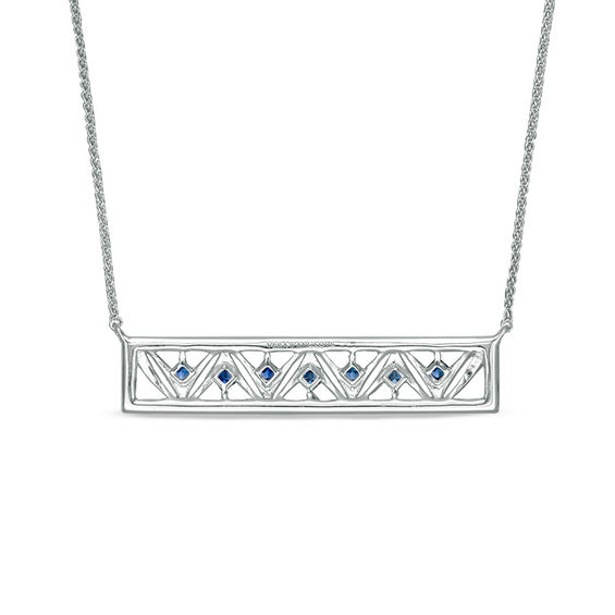 Vera Wang Love Collection Princess-Cut Blue Sapphire and 0.23 CT. T.W. Diamond Bar Necklace in 14K White Gold - 19"