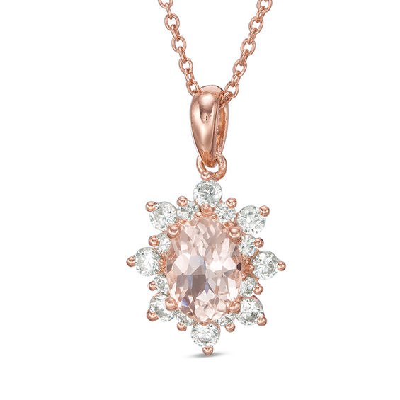 Oval Morganite and Lab-Created White Sapphire Sunburst Frame Pendant in 10K Rose Gold