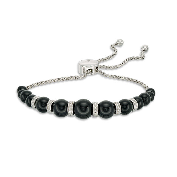 Graduating Black Agate and Lab-Created White Sapphire Bolo Bracelet in Sterling Silver - 9.0"