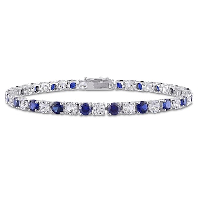 4.0mm Lab-Created Blue and White Sapphire Alternating Tennis Bracelet in Sterling Silver - 7.25"