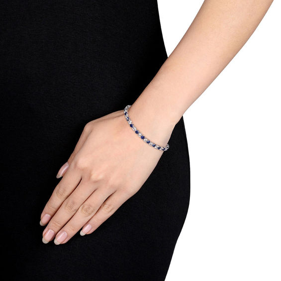 4.0mm Lab-Created Blue and White Sapphire Alternating Tennis Bracelet in Sterling Silver - 7.25"