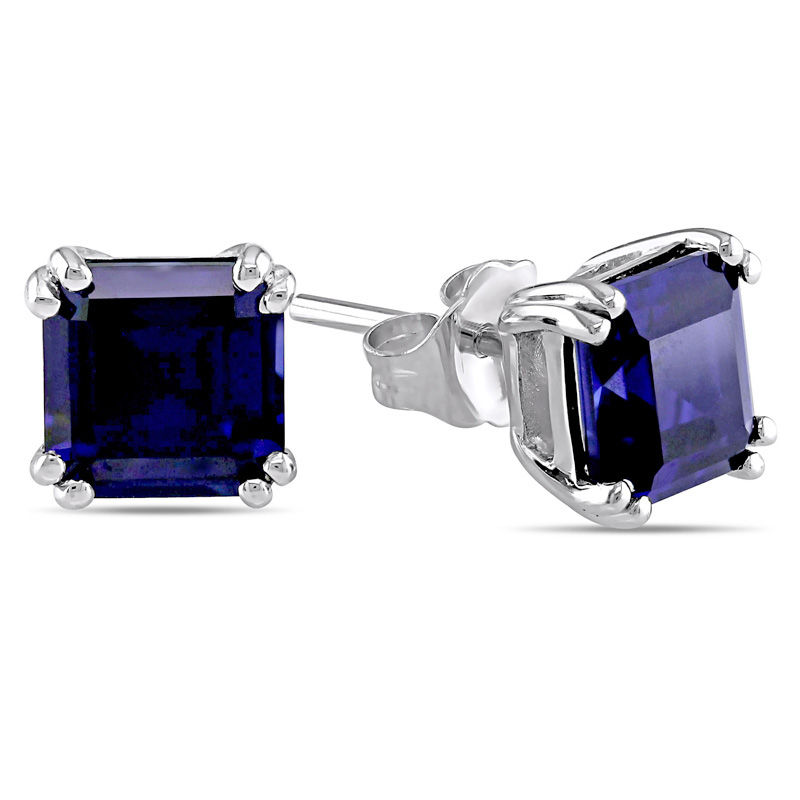 6.0mm Emerald-Cut Lab-Created Blue Sapphire Stud Earrings in 10K White Gold|Peoples Jewellers