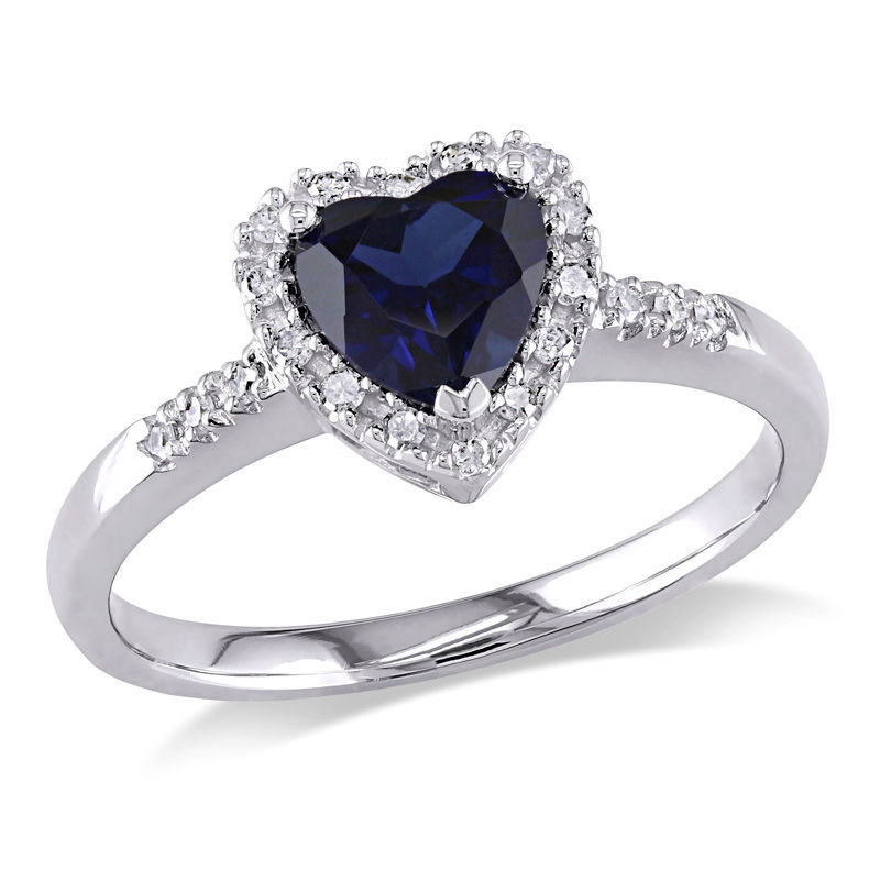 6.0mm Heart-Shaped Lab-Created Blue Sapphire and Diamond Accent Frame Ring in 10K White Gold