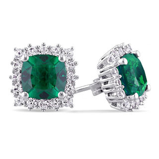 7.0mm Cushion-Cut Lab-Created Emerald and White Sapphire Frame Stud Earrings in Sterling Silver