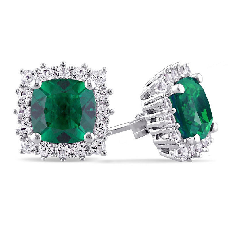 7.0mm Cushion-Cut Lab-Created Emerald and White Sapphire Frame Stud Earrings in Sterling Silver|Peoples Jewellers