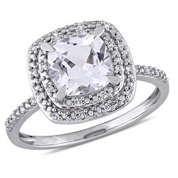 7.0mm Cushion-Cut Lab-Created White Sapphire and 0.09 CT. T.W. Diamond Double Frame Ring in 10K White Gold
