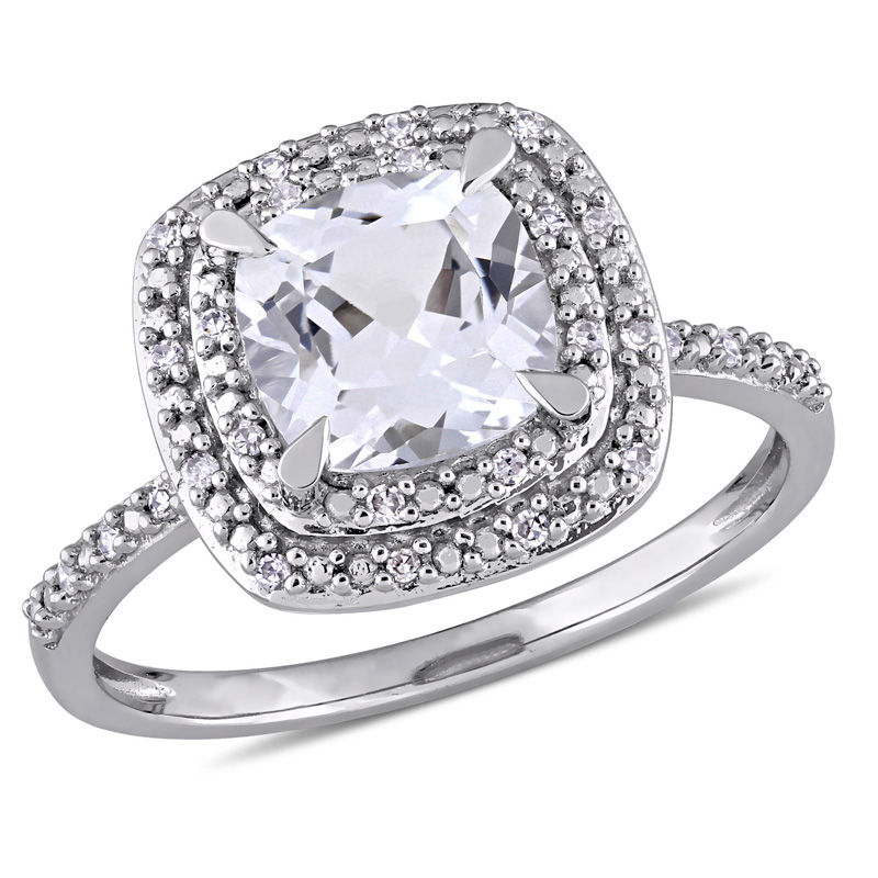 7.0mm Cushion-Cut Lab-Created White Sapphire and 0.09 CT. T.W. Diamond Double Frame Ring in 10K White Gold|Peoples Jewellers