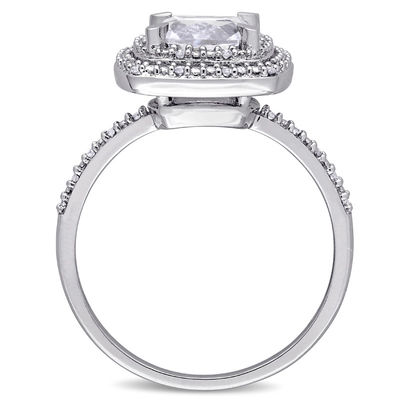 7.0mm Cushion-Cut Lab-Created White Sapphire and 0.09 CT. T.W. Diamond Double Frame Ring in 10K White Gold