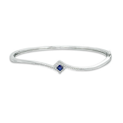 Vera Wang Love Collection Princess-Cut Blue Sapphire and 0.18 CT. T.W. Diamond Bypass Bangle in Sterling Silver - 7.5"